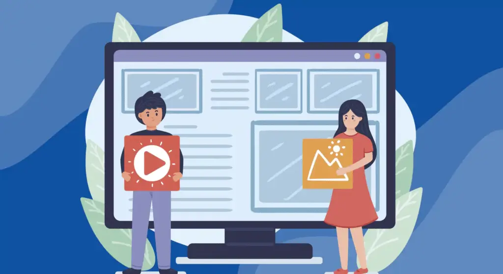 L’image montre deux personnages, un homme tenant une icône vidéo et une femme tenant une image graphique, debout devant un grand écran d’ordinateur affichant une interface web.